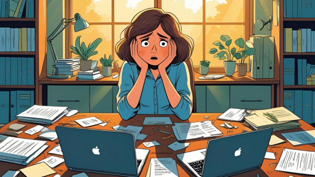 Woman sitting at desk feeling scattered and looking confused