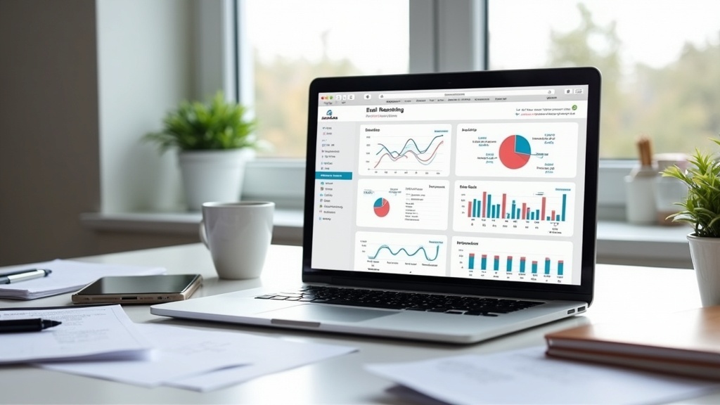 Laptop screen displaying an email marketing dashboard with graphs, charts, and campaign performance metrics