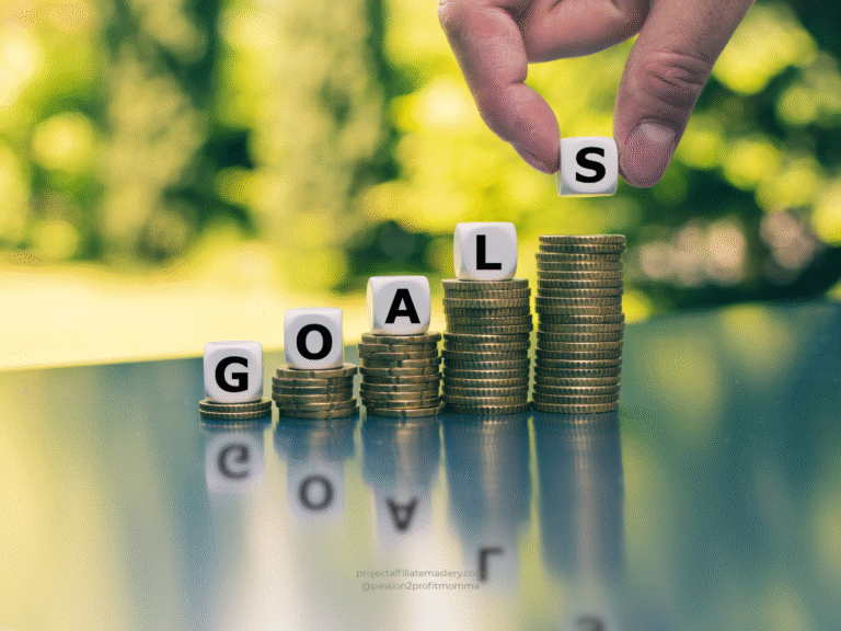 Stacked coins increasing in height with letter blocks spelling the word GOALS, symbolizing financial growth and setting money goals through affiliate marketing.